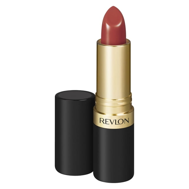Revlon Super Lustrous Pearl Lipstick in a creamy red shade, presented in a black and gold tube with the Revlon logo, formulated with 80% conditioning ingredients and microfine pigments for rich colour and soft, fuller-looking lips, often used for a smooth, defined lip finish.