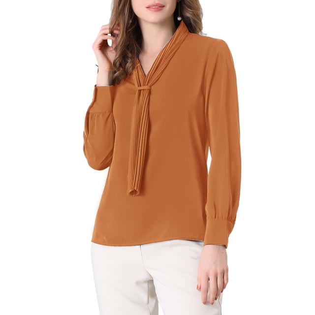 INSPIRE CHIC Chemise Élégante pour Femme de Travail/bureau à Manches Longues Plissée à Col Noué Brun TP