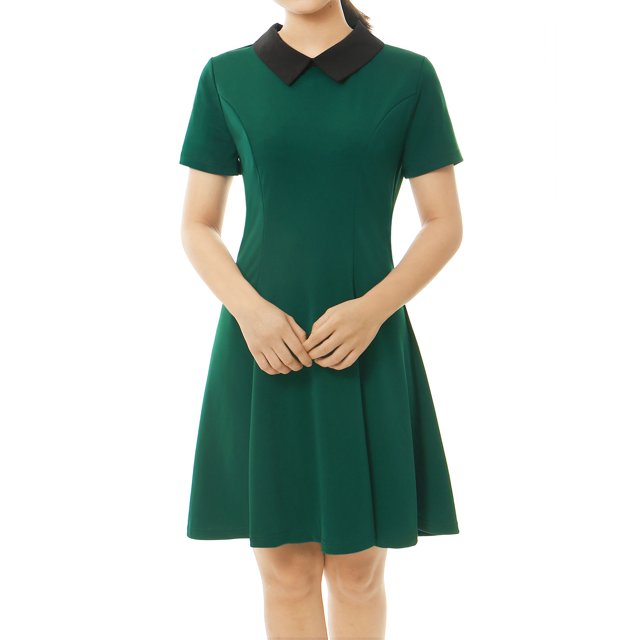 INSPIRE CHIC Robe Évasée à Manches Courtes pour Femme avec Col Claudine Contrastant en Taille m et Couleur Verte. Cette Robe Décontractée Présente un Col Claudine Noir, des Manches Courtes et une Jupe Évasée Qui Tombe au-Dessus du Genou. Conçue pour flatter la Poitrine et la Taille, Elle Crée une silhouette Galbée. Lavable à la Machine et Convient aux occasions comme l'Halloween, les Fêtes de Noël, le cosplay Ou le Quotidien.
