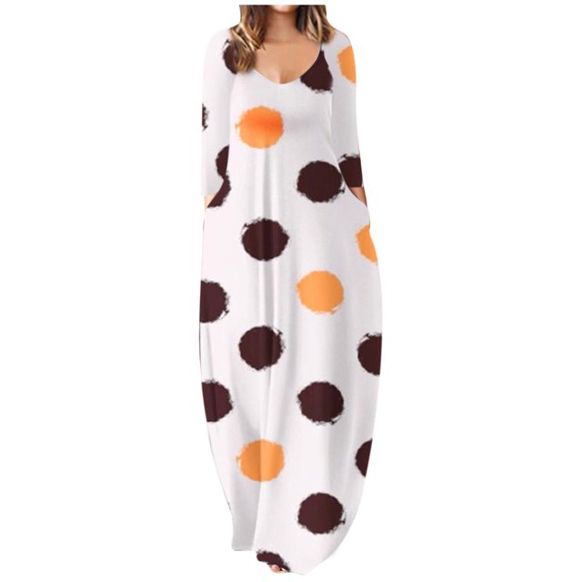Leutsin Femmes Automne V-Cou Casual Impression en Vrac Confortable Robe à Manches Longues