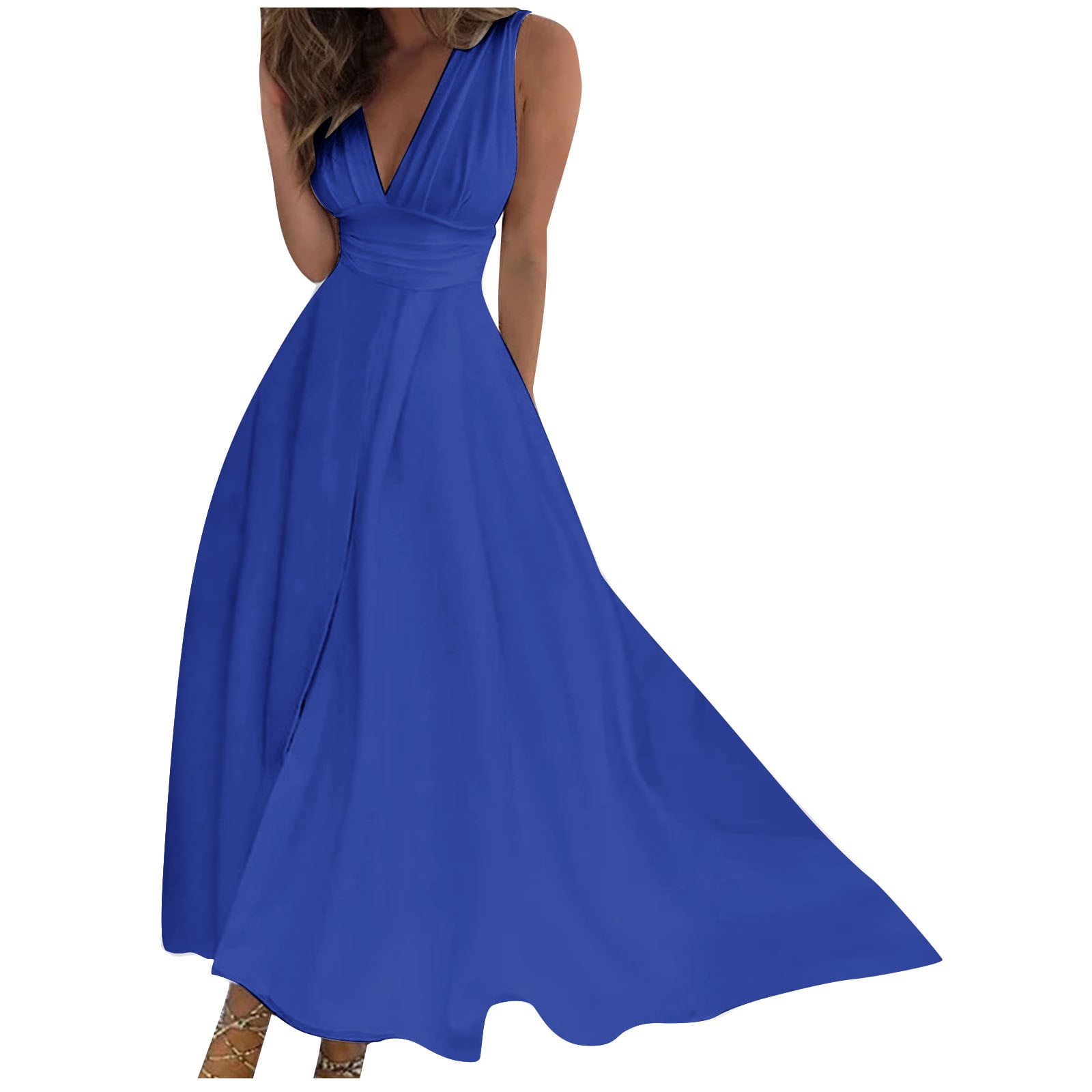 AherBiu Formal Dresses for Women Sleeveless Deep V Neck Ruched Flowy Evening Party Cocktail Maxi Dress