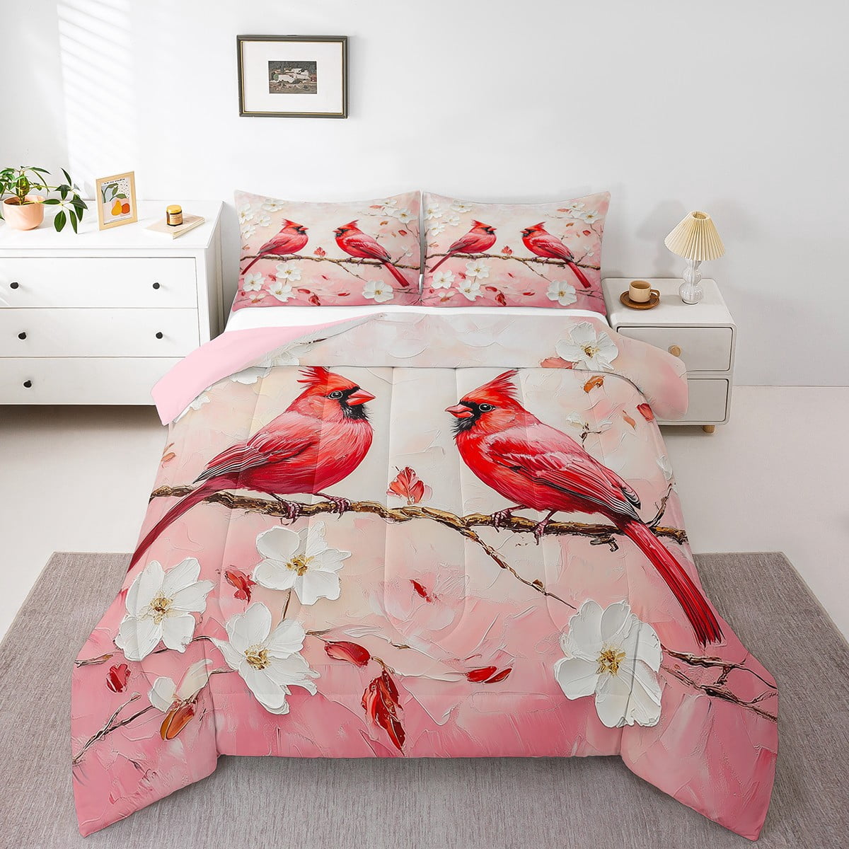Erosebridal Cardinal Bird Comforter Sets Twin Size,Red and Pink Comforters & Duvets,Flower Room Decor,Reversible