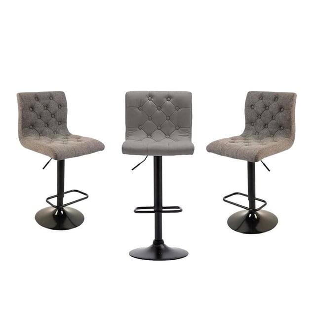Heavenly Collection Grey Tufted Adjustable Stool Set of 3 with grey polyester tufted seats and black stainless-steel pedestal bases, adjustable height 24-32 inches, each with a footrest, shown from front and side angles on white background, suitable for kitchen and dining bar seating and versatile for home bar or counter use.