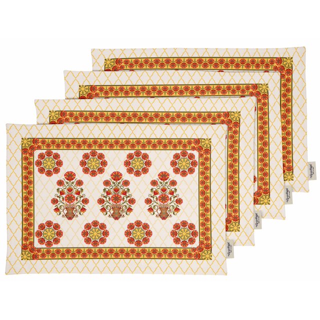 Vargottam Napperons - Napperon pour Table à Manger, Ensemble de 4 - Serviette en Coton Imprimée et Réversible - Napperons d'Intérieur pour Table de Salle à Manger à la Maison et en Cuisine - Floral Asiatique (Rouge et Jaune)