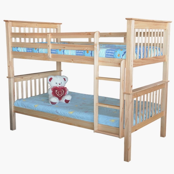 Mission Lit Superposé Simple sur Simple avec Fini Bois Naturel, Doté d'Une Échelle Intégrée pour un Accès Facile à la Couchette Supérieure. la Conception Comprend des Têtes de Lit et des Pieds de Lit à Lattes sur les Deux Lits, avec des Matelas Bleus et un Ourson Placé sur la Couchette Inférieure. Certifié pour les Normes de Sécurité ASTM F1427-07, le Lit Superposé Peut Être Converti en Deux Lits Simples Séparés et Accueille des Tiroirs de Rangement sous le Lit Ou un Lit Gigogne. l'Échelle Est Ajustable des Deux Côtés, et Chaque Cou
