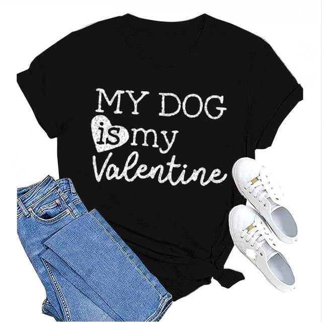 Tittly T-Shirts pour Femmes T-Shirts Graphiques Saint-Valentin Mon Chien Est Mon Valentin Imprimé Chandail Décontracté Imprimé Col Rond T-Shirt Chandail pour Femme T-Shirt T-Shirts Chemises Hauts pour Femmes Noir 3TG