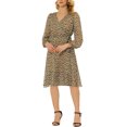 thumbnail image 2 of INSPIRE CHIC Robe Portefeuille Bohème à Fleurs pour Femme, Col en V, Manches Bishop, Longueur sous le Genou, S Brun-Léopard, 2 of 6