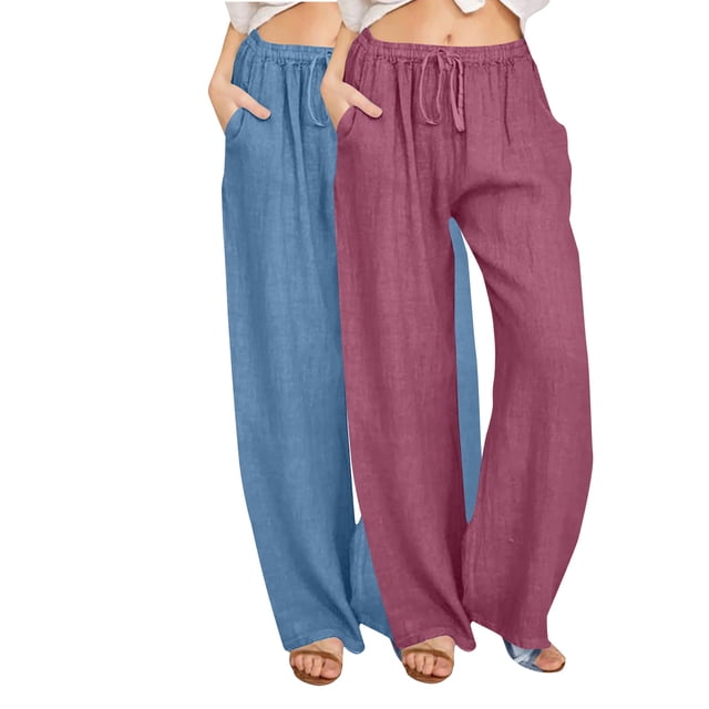 GigrtiJin 2 Pack Womens Lounge Long Pants Solid Color Drawstring Elastic Wasit Wide Leg Pants with Pocket Trendy Lounge Pants