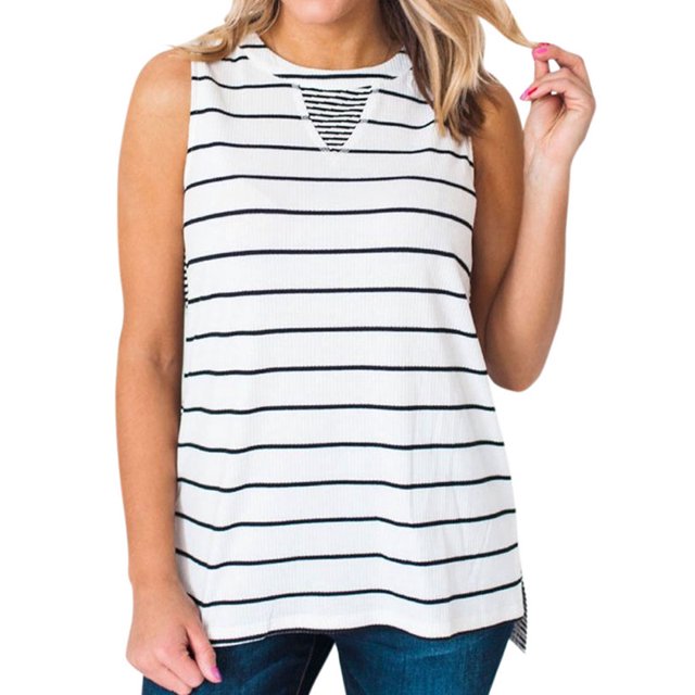 Women Stripe Print Round Neck High-Low Hem Side Split Tank Top