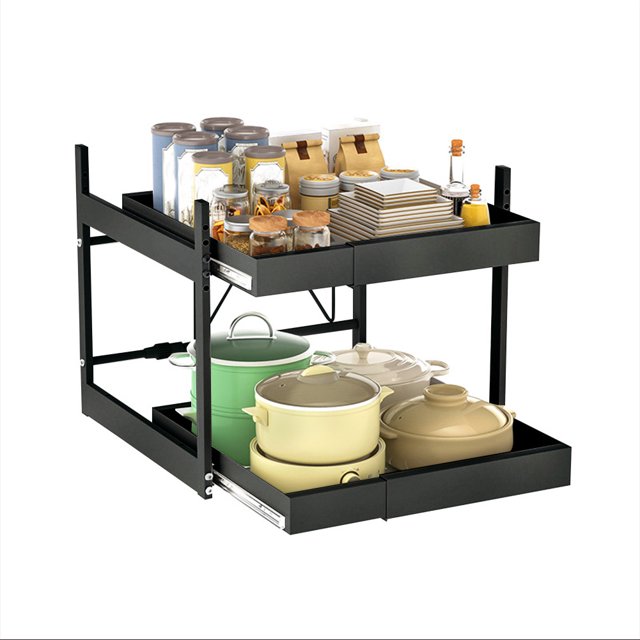 Rangement Rétractable de Cuisine, Armoire de Style Tiroir Sans Perçage pour Vaisselle, Plateau Rétractable à Double Couche - Noir