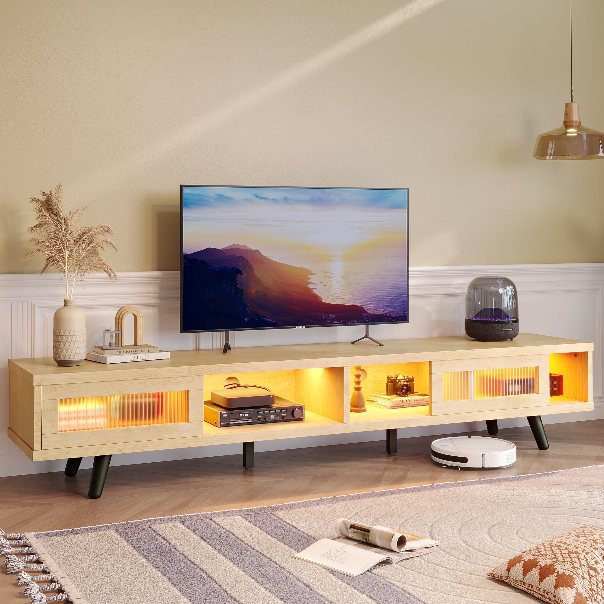 Bestier 70" TV Stand for TVs up to 75", Mid-Century Modern TV Stands with Sliding Glass Door, White