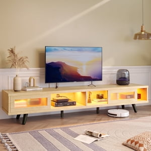 Bestier 70" TV Stand for TVs up to 75", Mid-Century Modern TV Stands with Sliding Glass Door, White