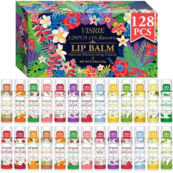 VISRIE 128 Pack Lip Balm, Natural Lip Balm Bulk with Vitamin E and Coconut Oil, Moisturizing Lip Balm for Dry Lips - 16 Flavors