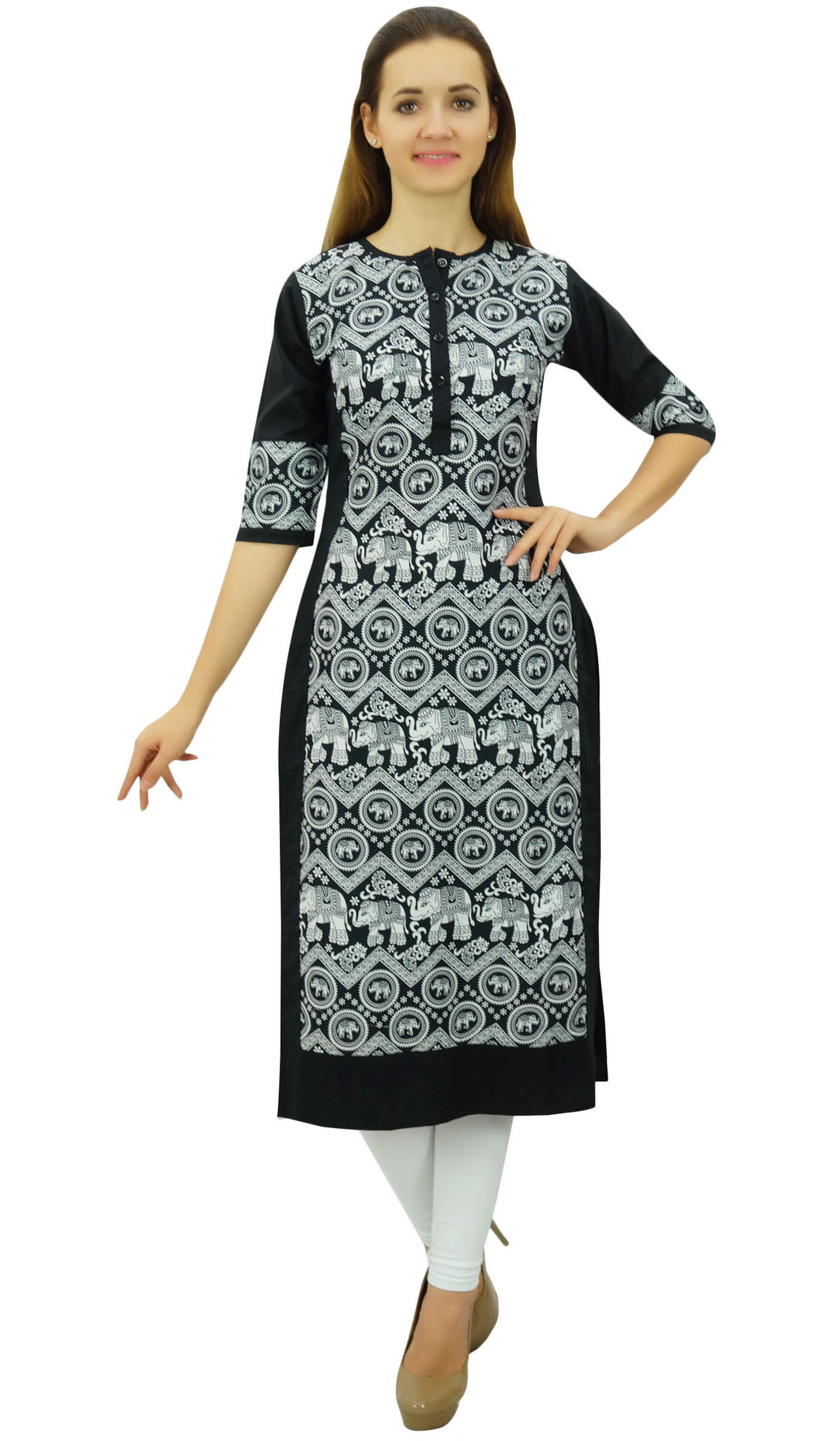 Phagun Kurta Droite Noire de Designer pour Femme, Manches 3/4, Kurti Décontractée Imprimée-24