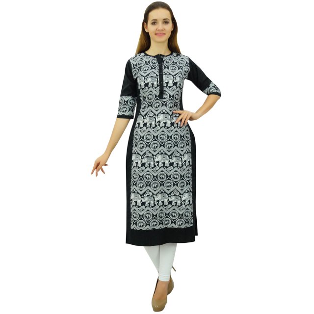 Phagun Kurta Droite Noire de Designer pour Femme, Manches 3/4, Kurti Décontractée Imprimée-24