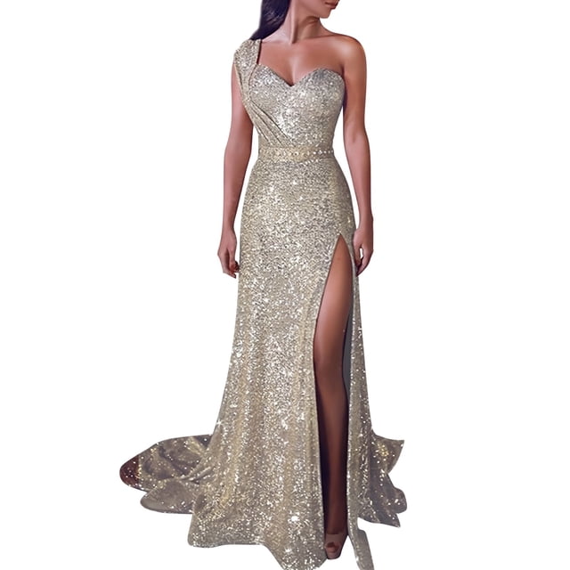 WTXUE Robes d'Été pour Femmes, Robe de Bal à Paillettes pour Femmes, Robe de Soirée Dorée pour Demoiselle d'Honneur à Col en V Longue, Robes Dorées pour Femmes, Or TG