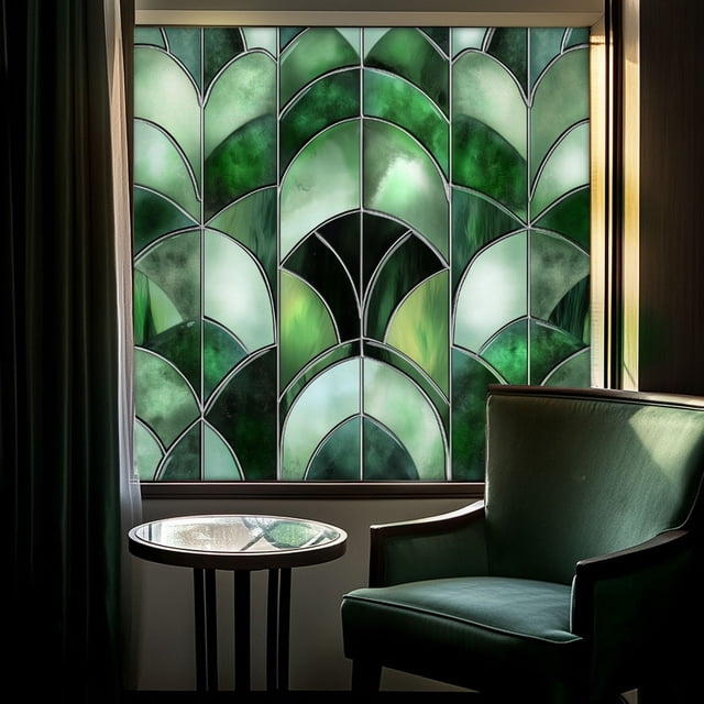 Elegant Green Fan Shaped Glass Window Film Static Cling Privacy Decal For Home Interior Doors Bathrooms And Kitchen