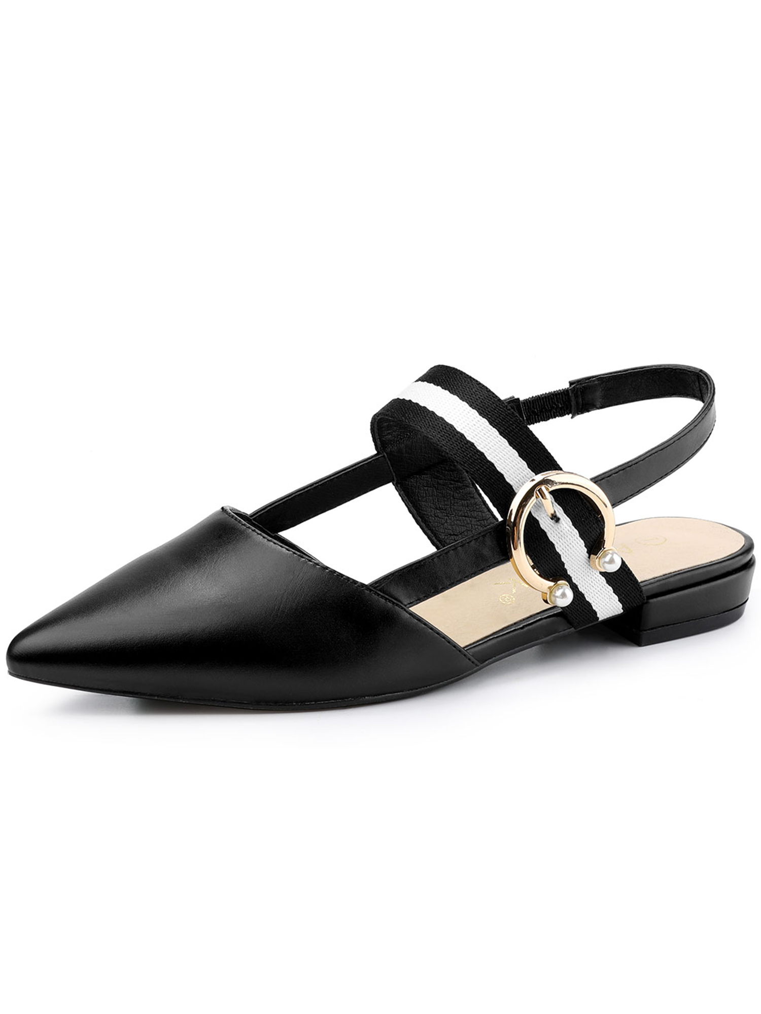 BLISSFUL STEP Women's Buckle Decor Pointed Toe Slingback Mules Black 7