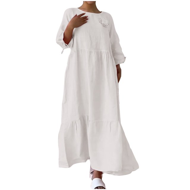 cfhntfmh Robes Grande Taille pour Femmes Confortables en Coton et Lin à Col Rond Robe Décontractée d'Automne Bordure avant Fluide à Manches Longues Robe Maxi