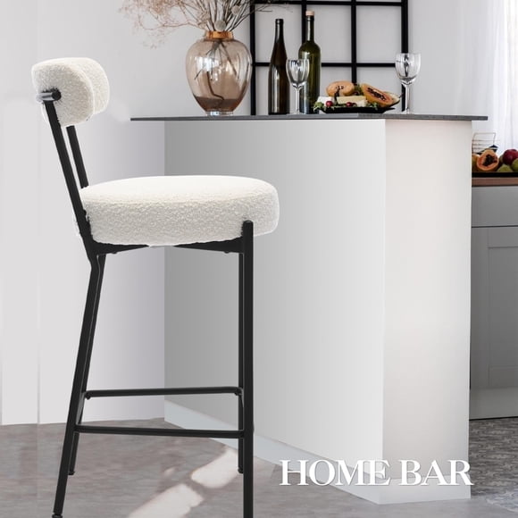 BeesClover Boucle Bar Stools Set of 2, 26 Inch Boucle Barstool Chairs with Back, Modern Metal Tall Bar Stools, Upholstered Counter Height Bar Chairs for Kitchen & Kitchen Island