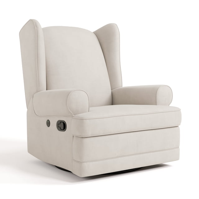 Storkcraft Serenity Wingback Upholstered Recline Glider with USB in ivory, a nursery rocking chair featuring plush cushions, wingback design, padded armrests, metal swivel base, smooth glide and recline functions, and a built-in USB charging port for devices.