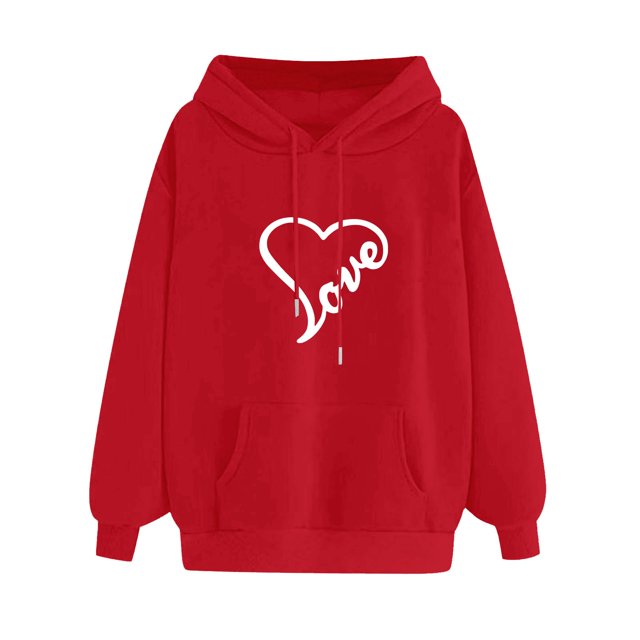 WZXFASHION Women's Solid Color Long Sleeved Love Printed Hooded Sweater 50% Off Clearance oversized pullover sweater