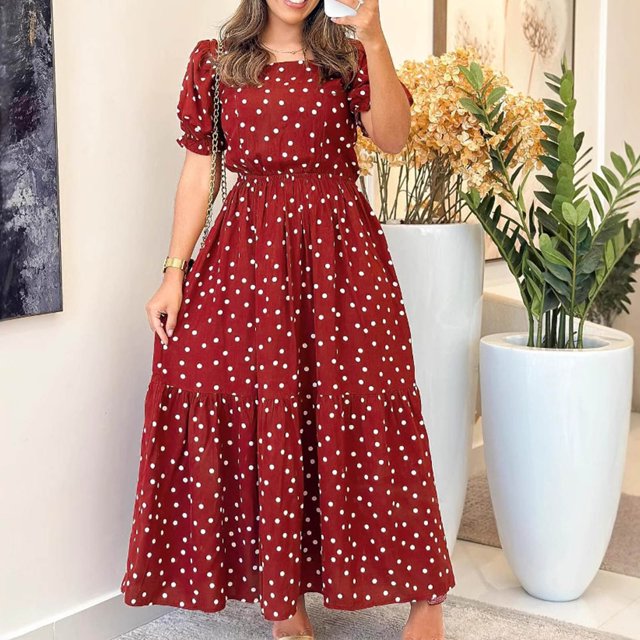 Ovzne Robes pour Femmes 2025 Robe Femmes Femmes à la Mode Décontractée Rétro Col à Pois Manches Courtes Robe Moulante à la Taille Robe Robe de Printemps Manches Courtes Liquidation