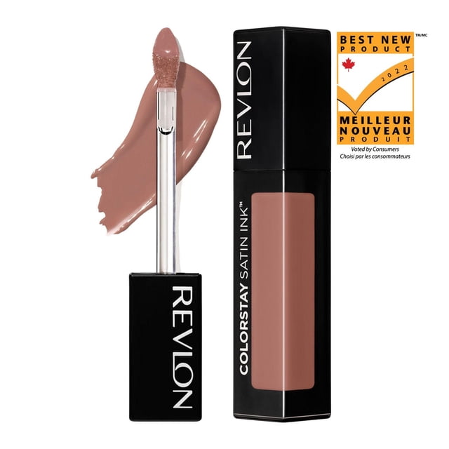 Revlon ColorStay Satin Ink Liquid Lipstick in a muted nude shade with a black rectangular cap and clear tube showing the lipstick color, featuring a soft, precise applicator wand and a satin-finish swatch, awarded Best New Product 2022 in Canada, ideal for long-lasting, comfortable wear.