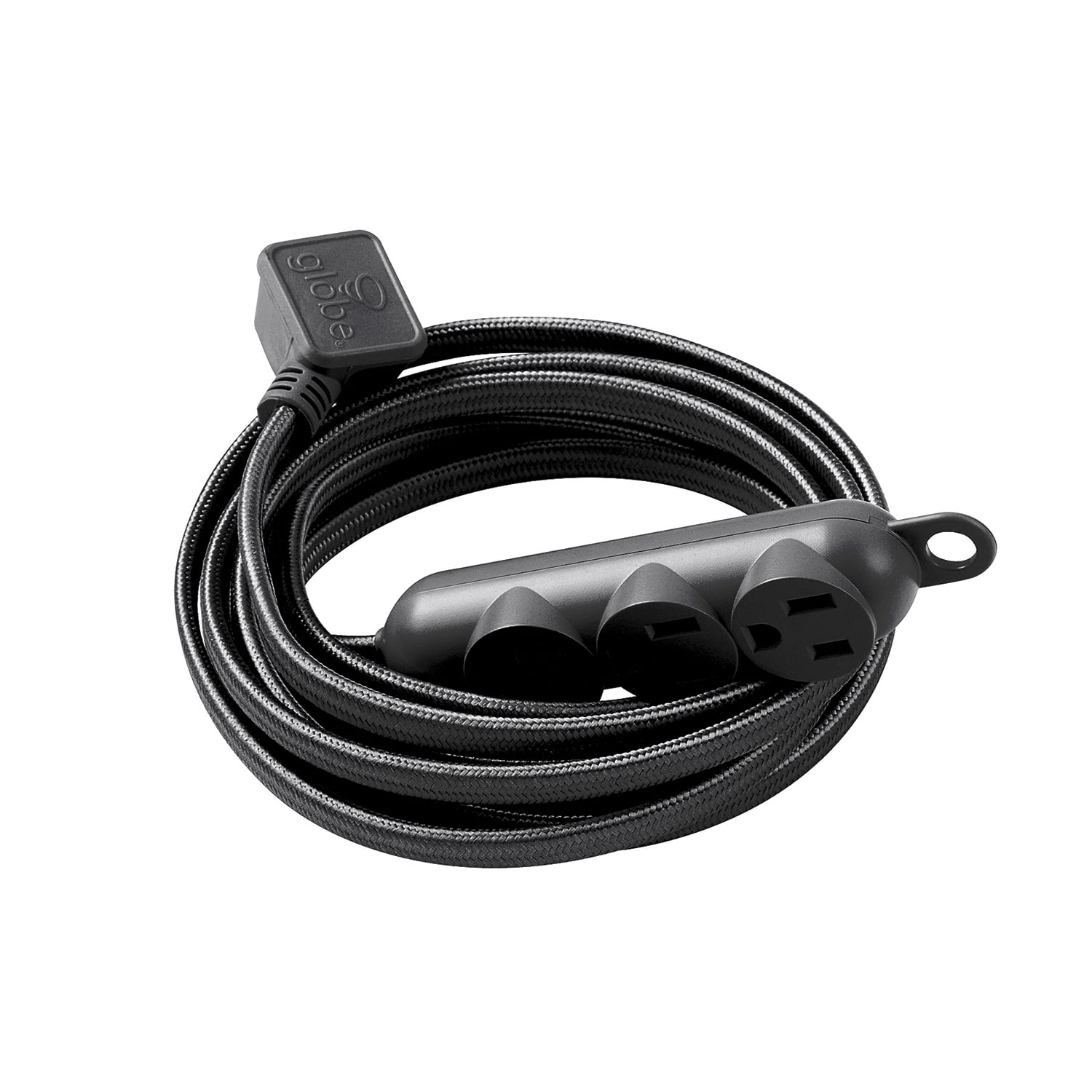 Rallonge électrique en tissu noir de 3,7 m (12 pi) et de calibre 16/3 à 3 prises avec fiche coudée et crochet intégré de Globe Electric