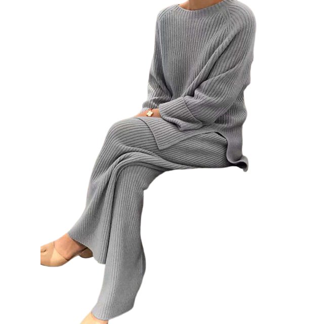 Innerwin Two Piece Outfits Wide Leg Ladies Lounge Set Holiday Long Sleeve Loose Sweater Sets Gray 2XL