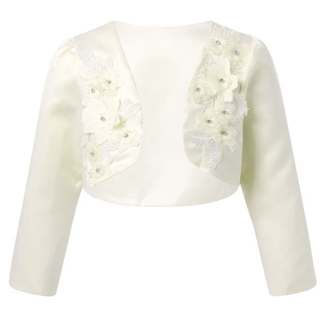 TSSOE Boléro Shrug à Manches Longues pour Filles, Broderie Florale, Robe de Princesse, Couvre-Robe, Cardigan Court, Champagne 140