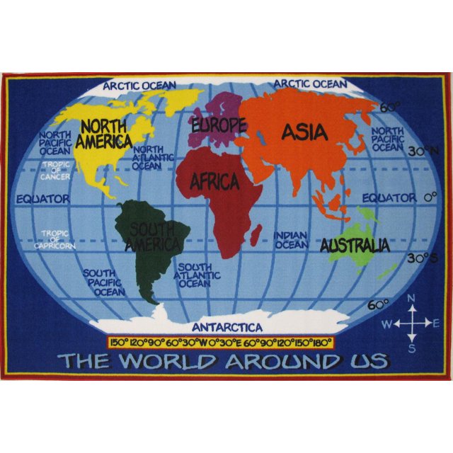 Tapis rectangle amusant pour enfant Mappemonde des enfants multicolore nylon