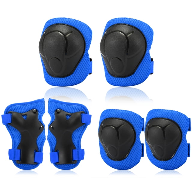 Abody Ensemble de Genouillères pour Enfants 6 en 1 Trousse d'Équipement de Protection Comprenant Deux Genouillères, Deux Coudières et Deux Protège-Poignets de Couleur Bleue Vibrante avec Coquilles Robustes Noires. Fabriqué à Partir de polyester durable et de Mousse avec Tissu en Maille Respirant pour le Confort. Sangles Ajustables Assurent un Ajustement Sécuritaire pour les Enfants Lors d'Activités comme le Patin à Roues Alignées, le Vélo et le Patinage.