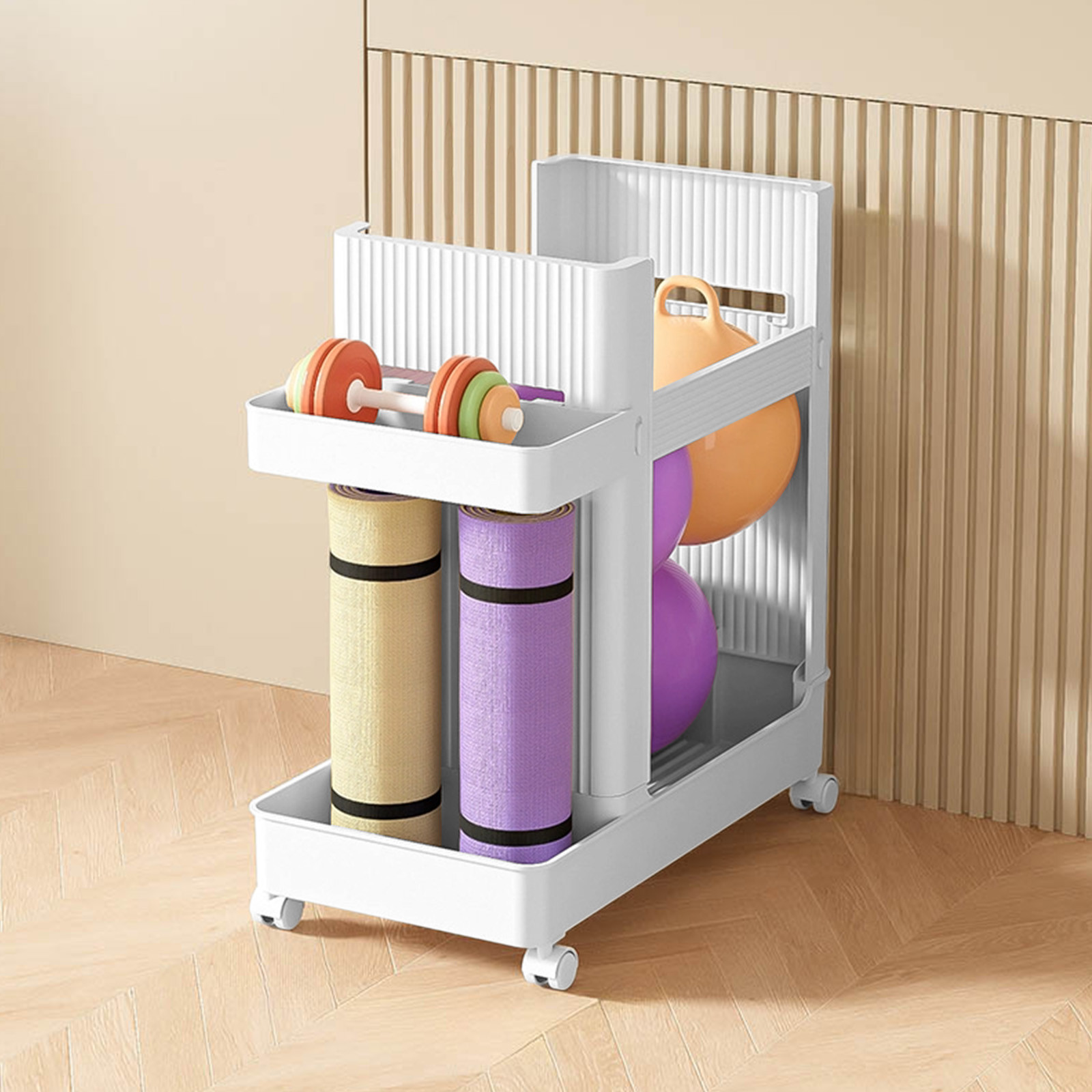 Yoga Mat Storage Basket, Home Fitness Trolley, Adjustable Organizer Rack for Sports Gear, Badminton Rackets & Fitness Equipment Storage