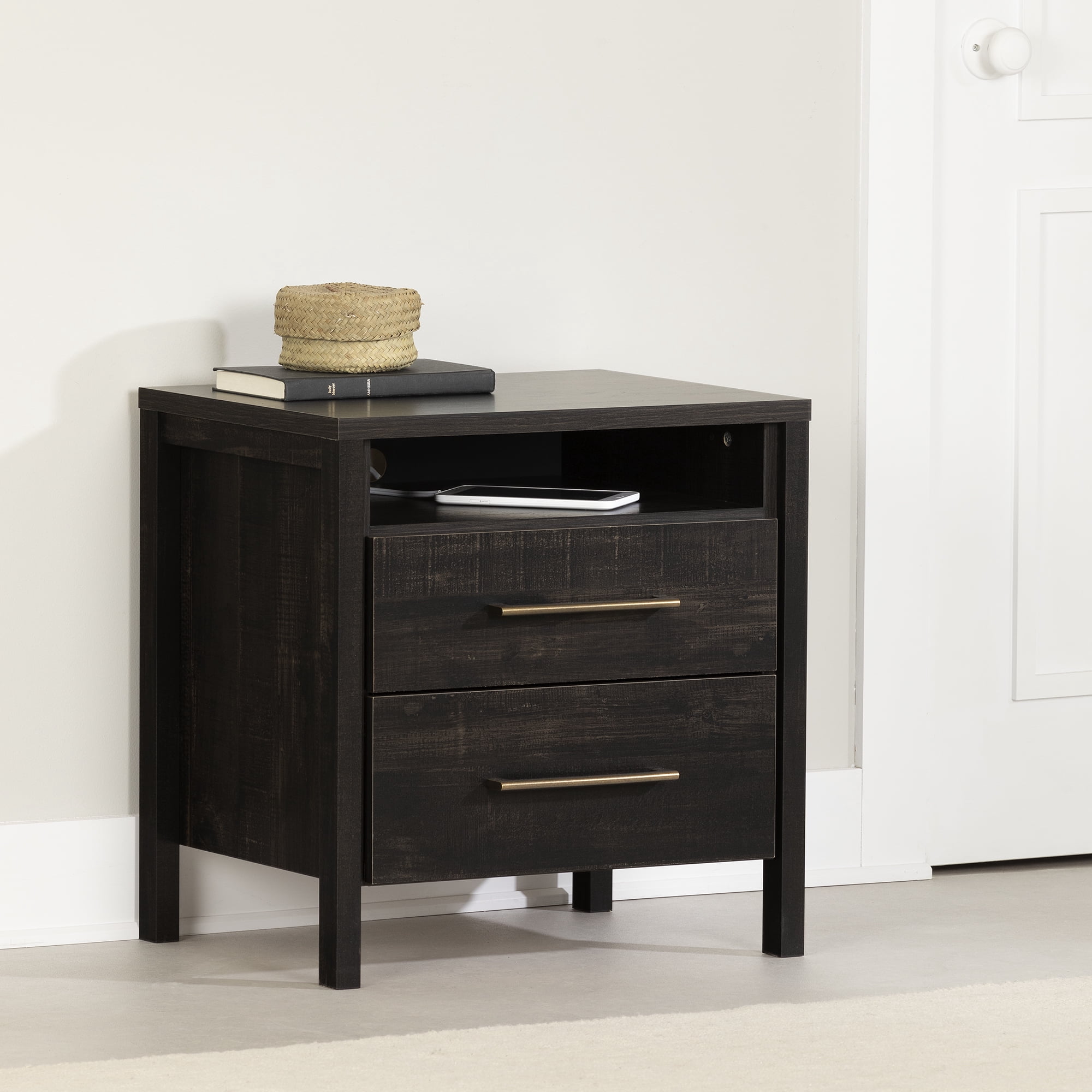 South Shore Gravity 2-Drawer Nightstand for Adult, in Rubbed Black