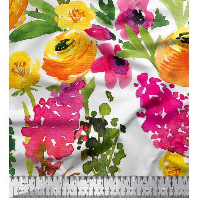 Soimoi White Modal Satin Fabric Leaves & Floral Decor Fabric Printed BTY 42 Inch Wide