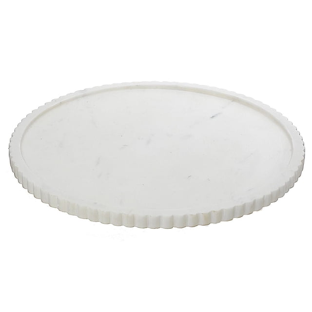 Plateau Rond en Marbre Blanc avec Bord Cannelé, Fabriqué à Partir de Pierre de Marbre Blanc durable, Mesurant 12 par 12 par 0,59 Pouces, Présentant une surface Lisse avec de Subtils Veinages, Idéal pour Servir Ou Organiser des Articles dans les Vaisselle de Service pour Repas et Réceptions.