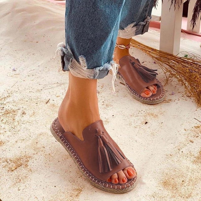 LSLJS Sandales Plates Décontractées à Franges pour Femmes, Pantoufles à Bout Ouvert pour Femmes