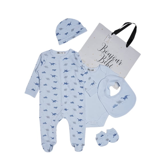 Bonjour Bebe Baby Dino 5-Piece Layette Set – 100% Cotton Baby Essentials, Sleepsuit, Bodysuit & More – Adorable & Comfortable Gift for Baby Boys & Girls