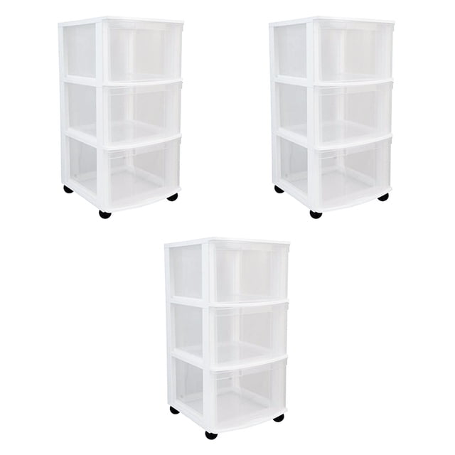 Gracious Living Classic 3 Drawer Organizer Plastic Storage Cart (3 Pack) featuring three white plastic storage carts with clear drawers and removable swivel casters. Each cart has three deep drawers for versatile storage in home, office, or garage settings. The clear drawers allow easy identification of contents, and the carts are designed for portability with smooth-rolling casters. Dimensions are 13.25 inches long, 12 inches wide, and 24.25 inches tall.