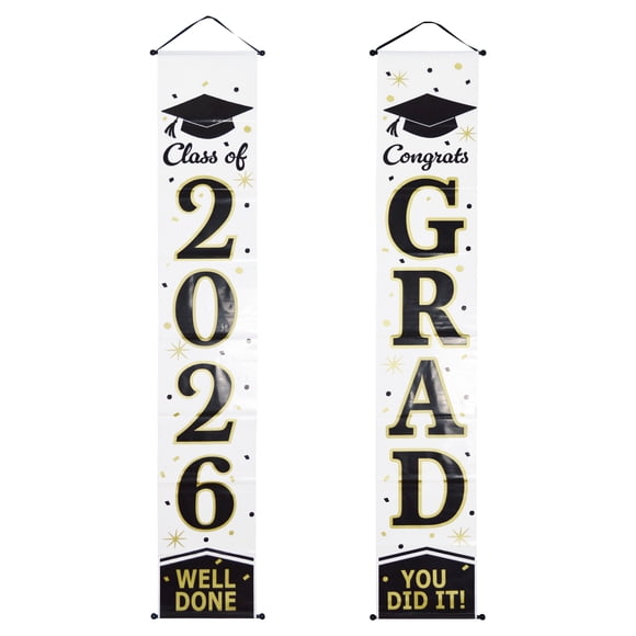 Graduation 2 Count Black, White, Gold Plastic Door Banner, 10in x 5 Feet, Adult, Decoration, Graduation, Way To Celebrate