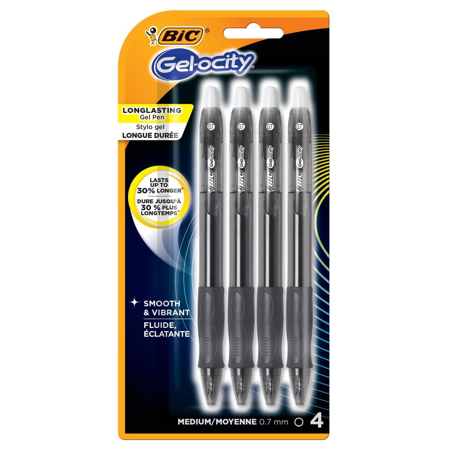 BIC Gel-ocity Original Retractable Gel Pen, Medium Point (0.7mm), Black Ink, 4-Count, Contoured Grip for Comfort and Control