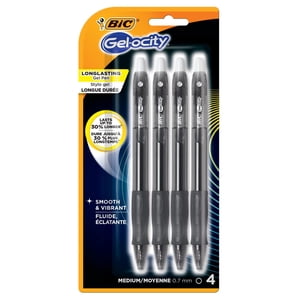 BIC Gel-ocity Stylo à gel rétractable original, point moyen (0.7mm), Encre noire, 4-Count, Poignée contournée pour le confort et le contrôle