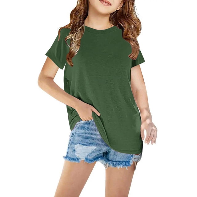 T-Shirts pour Filles Col Rond Manches Courtes Été Hauts Enfants Basiques 3-14 Ans