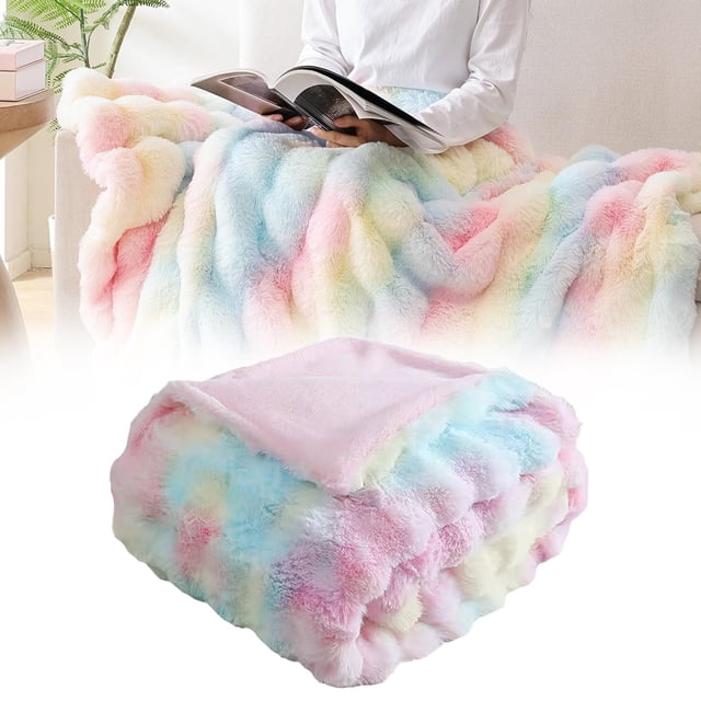 Home Textile Blanket Clearance Faux Blanket Fleece Rainbow Blanket For Sofa Cozy Soft Plush Throw Blanket For Couch Bed Thick Fuzzy Couch Blanket For Winter Comfy Bubble Blanket, Home Textile Blank