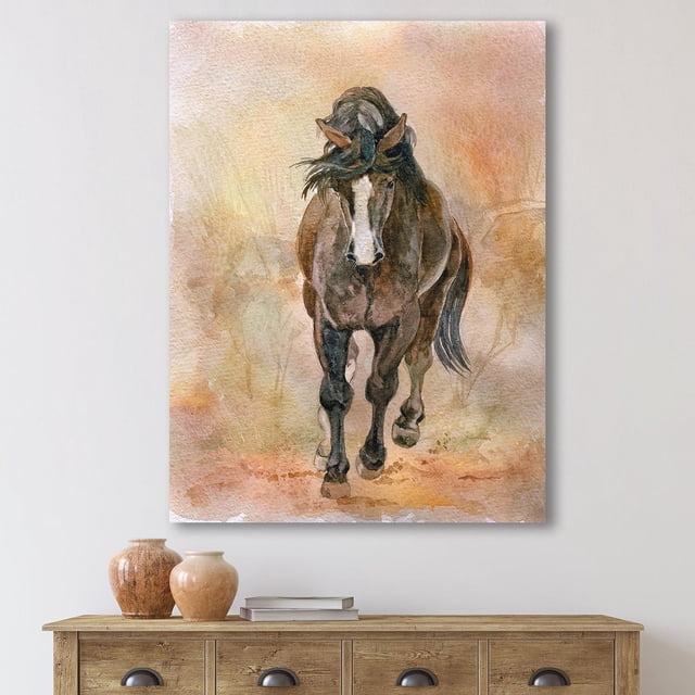 Designart Portrait Of Beautiful Chestnut Horse II Canvas Wall Art depicts a front-facing watercolor of a brown chestnut horse with flowing black mane on gallery-wrapped premium cotton canvas. Printed with fade-resistant inks, it arrives ready to hang, suitable for farmhouse or country-style wall decor.