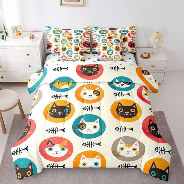 YST Cute Cat Bed in a Bag Queen Comforter Set 7 Piece,Cartoon Cat Pet Animals Bedding Sets Funny Cats Fish Bones Geometry Circles Reversible Sheet Set with Comforter,Red Yellow