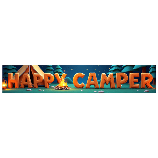 Forest Design Happy Camper Tent Banner Campfire Nature Scene for Outdoor Adventure Camping Event