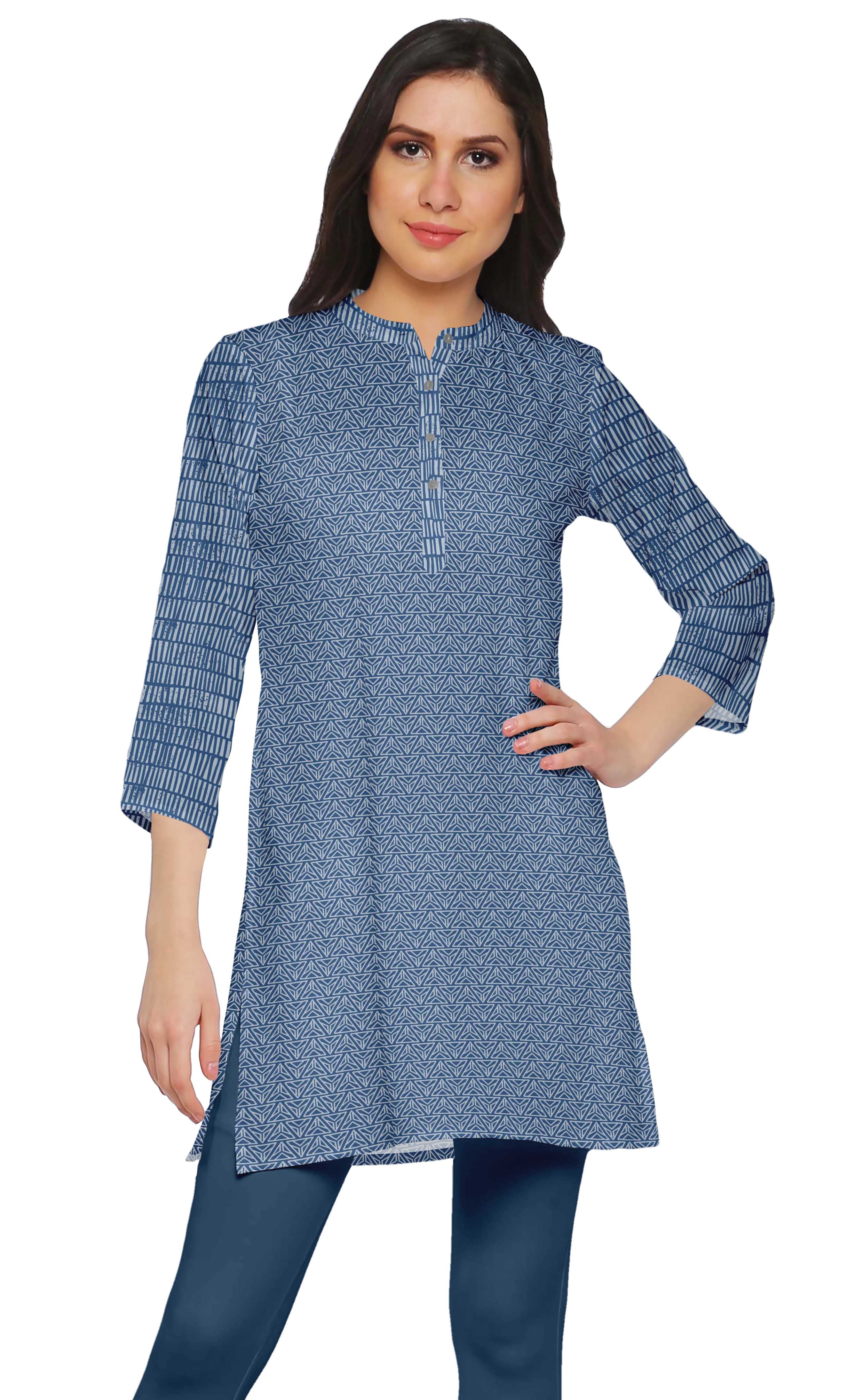 Moomaya Printed Indian Short Kurti Dress Poly Crepe Tunic Close Collar Mini Dress