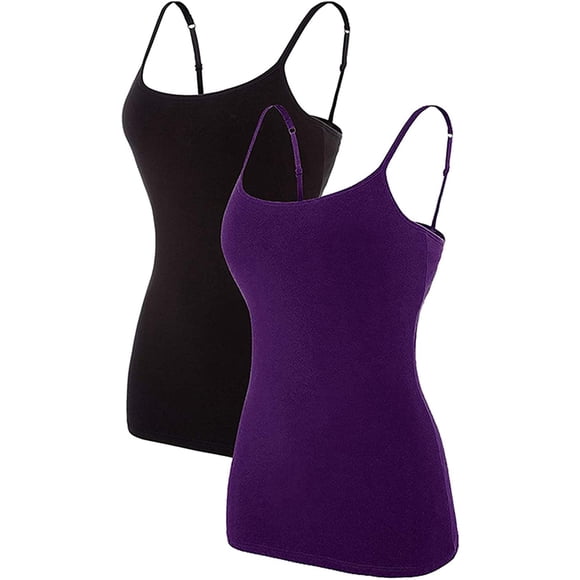 Charmo Women's Basic Cami Adjustable Spaghetti Strap Built in Bra Tank Top 2 Pack